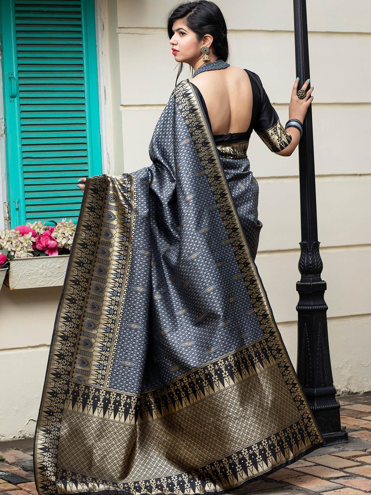 Odette Women Gorgeous Woven Grey Banarasi Silk Saree With Unstitched Blouse - Image 3