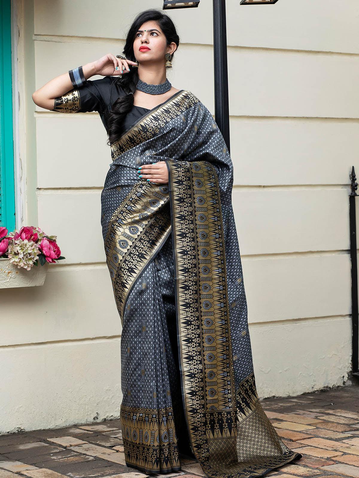 Odette Women Gorgeous Woven Grey Banarasi Silk Saree With Unstitched Blouse - Image 4