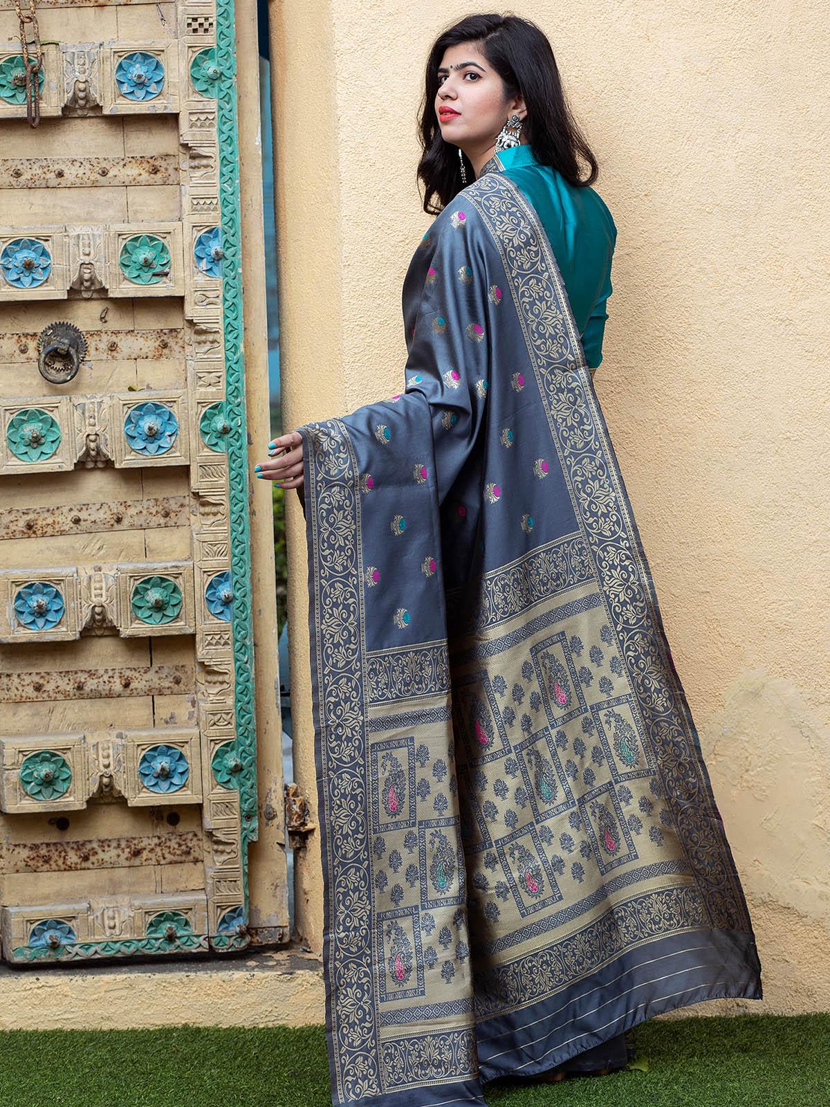 Odette Women Gorgeous Woven Grey Banarasi Silk Saree With Unstitched Blouse - Image 2