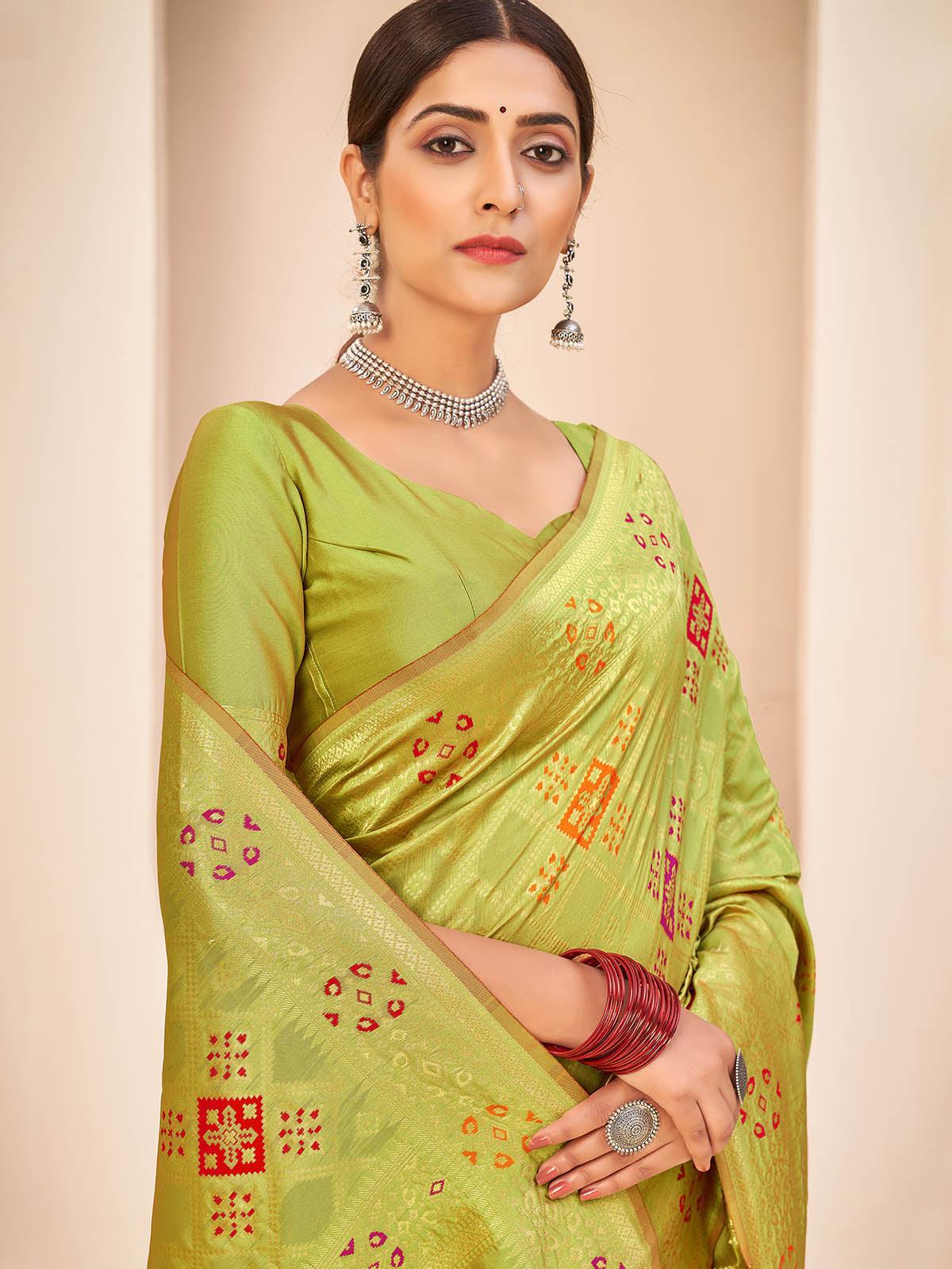 Odette Women Gorgeous Woven Light Green Banarasi Silk Saree With Unstitched Blouse - Image 5