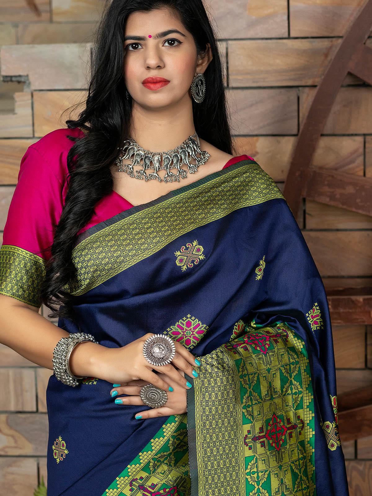 Odette Women Gorgeous Woven Indigo Banarasi Silk Saree With Unstitched Blouse - Image 4
