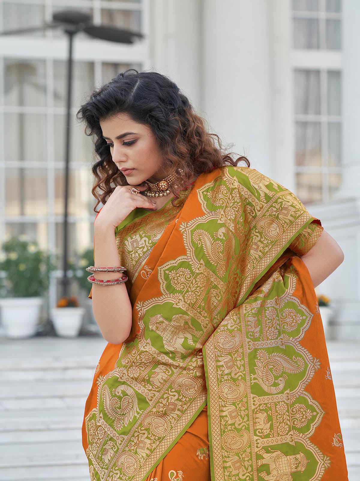 Odette Women Gorgeous Woven Orange Banarasi Silk Saree With Unstitched Blouse - Image 3
