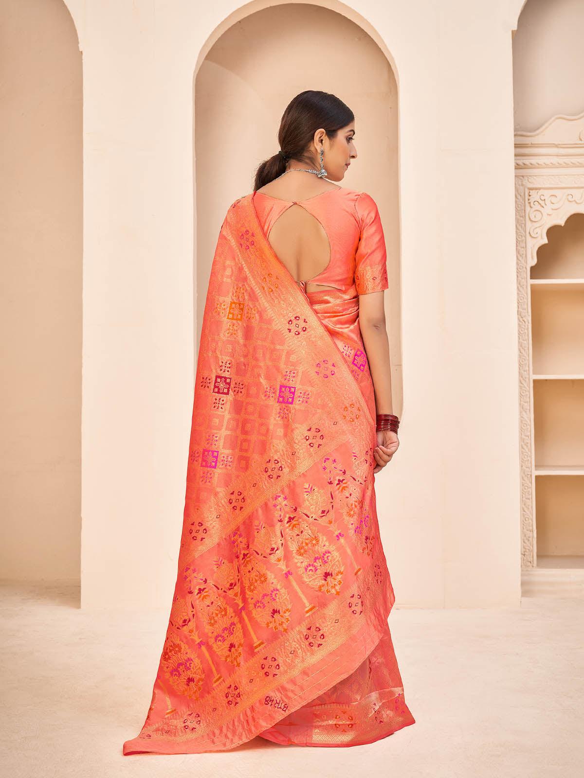 Odette Women Gorgeous Woven Peach Banarasi Silk Saree With Unstitched Blouse - Image 2