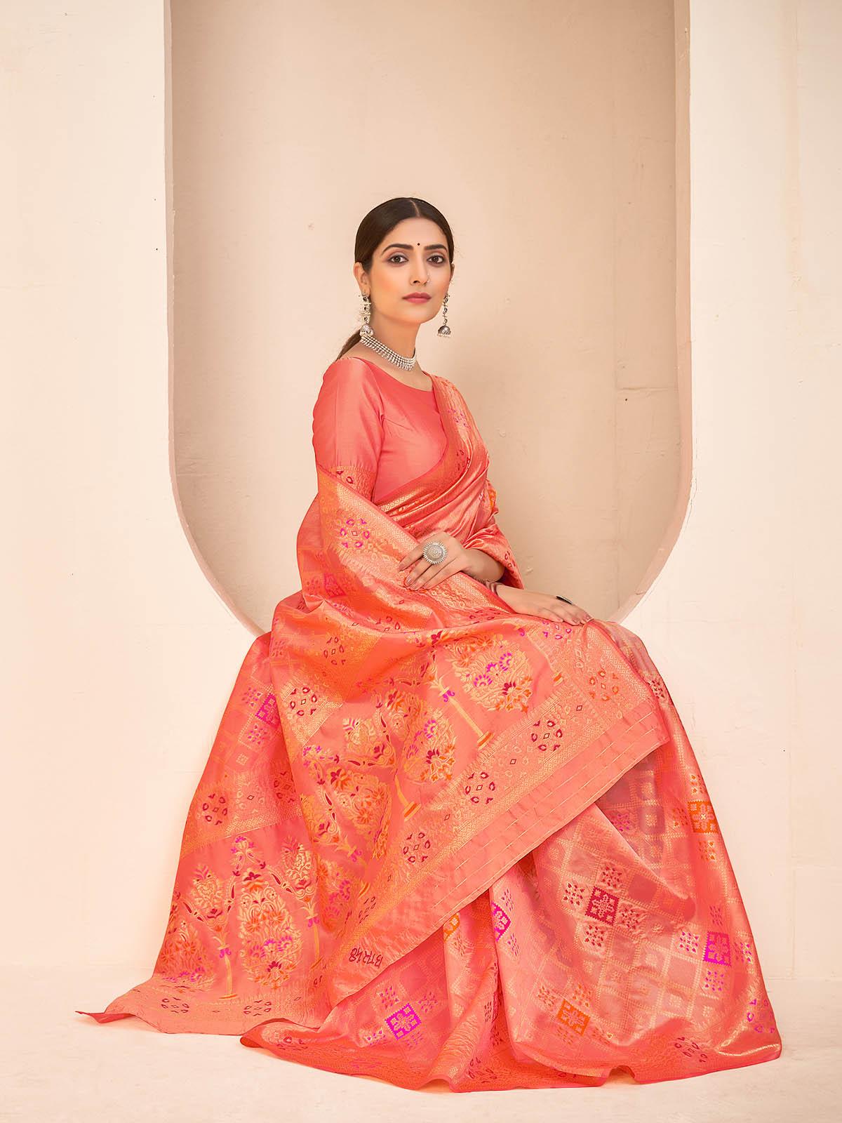 Odette Women Gorgeous Woven Peach Banarasi Silk Saree With Unstitched Blouse - Image 4
