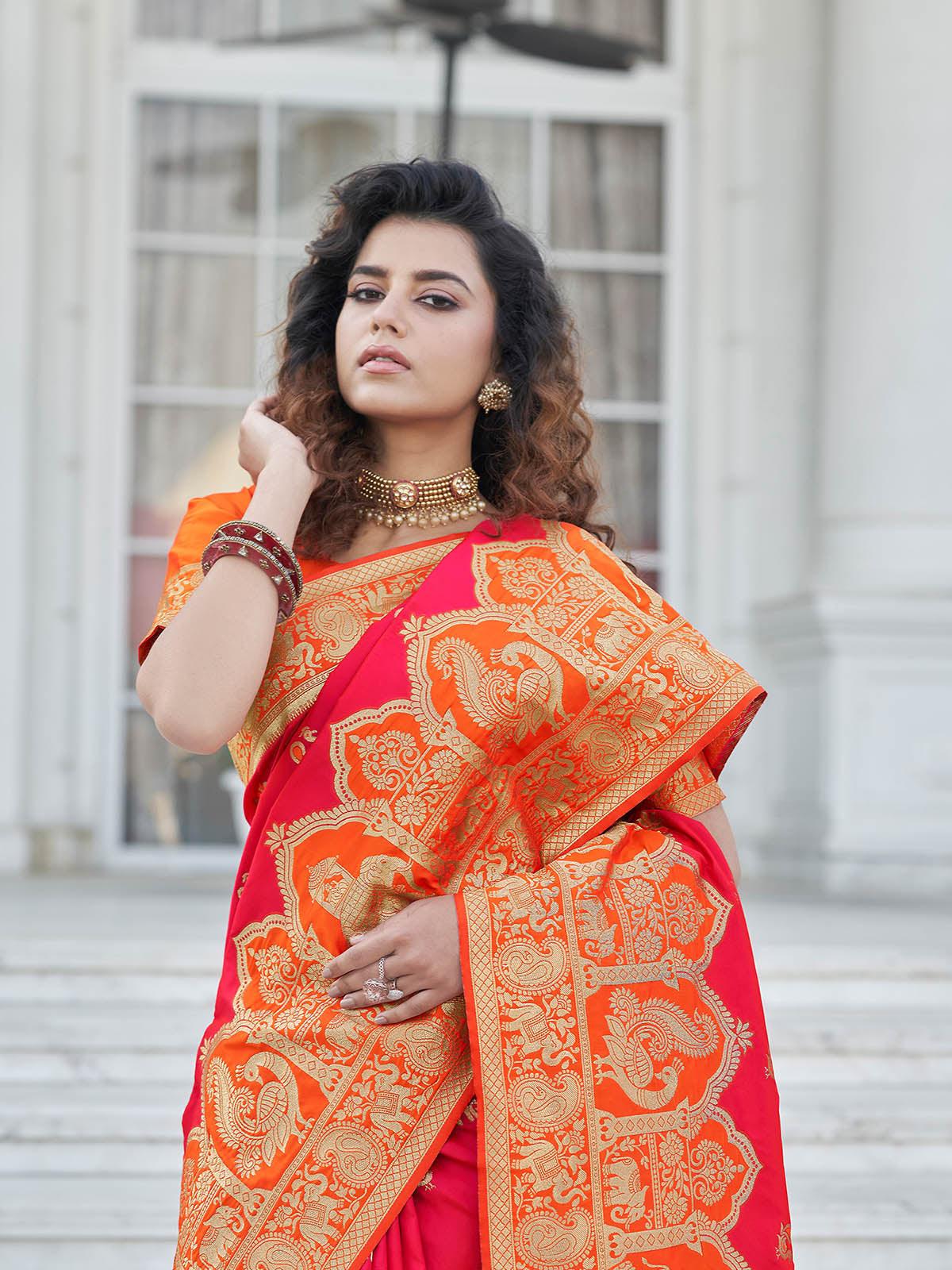 Odette Women Gorgeous Woven Pink Banarasi Silk Saree With Unstitched Blouse - Image 3