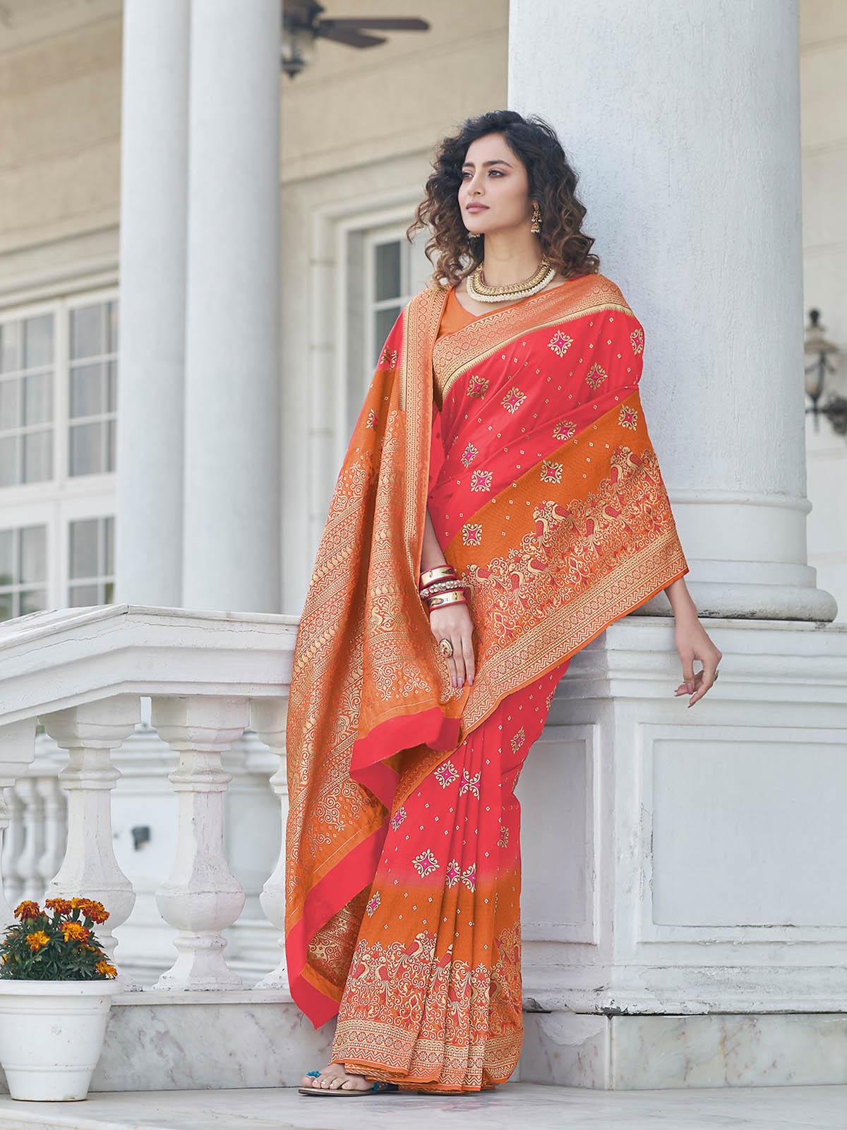 Odette Women Gorgeous Woven Pink Banarasi Silk Saree With Unstitched Blouse - Image 2