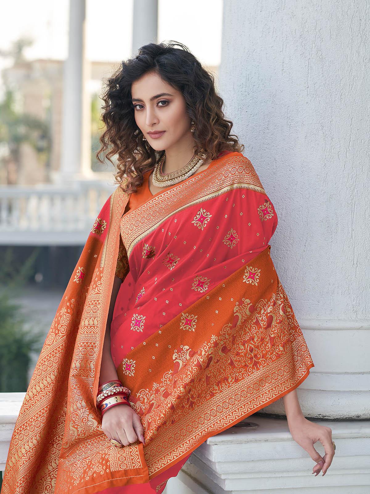 Odette Women Gorgeous Woven Pink Banarasi Silk Saree With Unstitched Blouse - Image 3