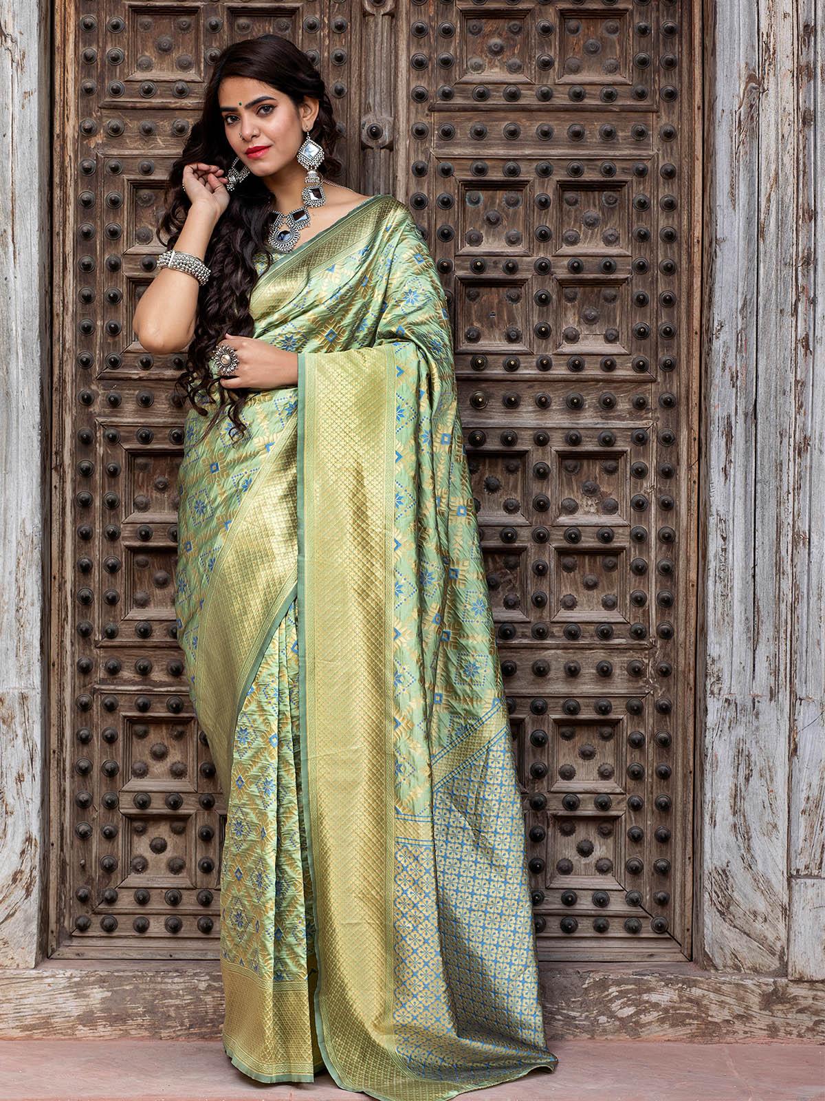 Odette Women Gorgeous Woven Pista Banarasi Silk Saree With Unstitched Blouse - Image 4