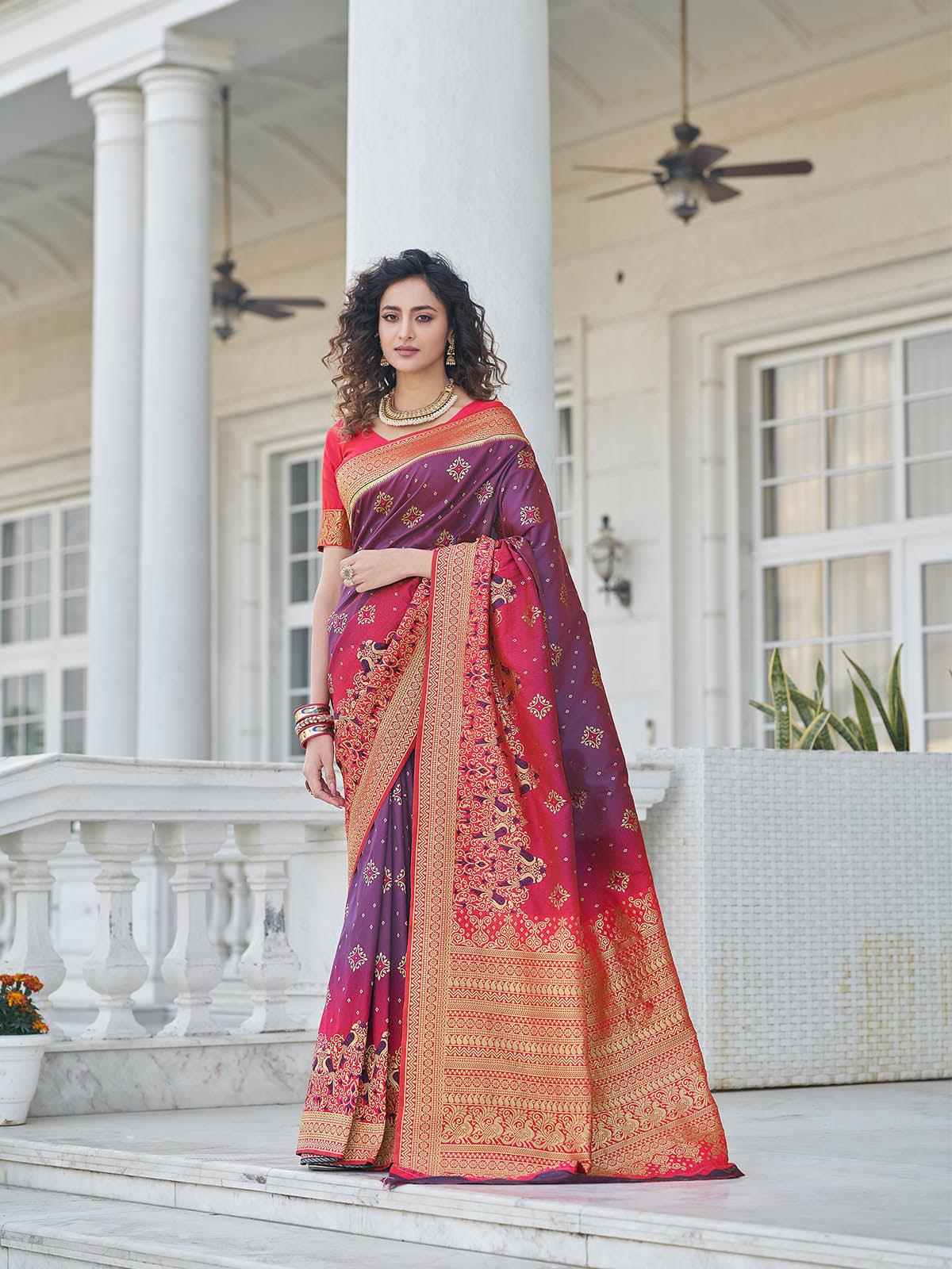 Odette Women Gorgeous Woven Purple Banarasi Silk Saree With Unstitched Blouse