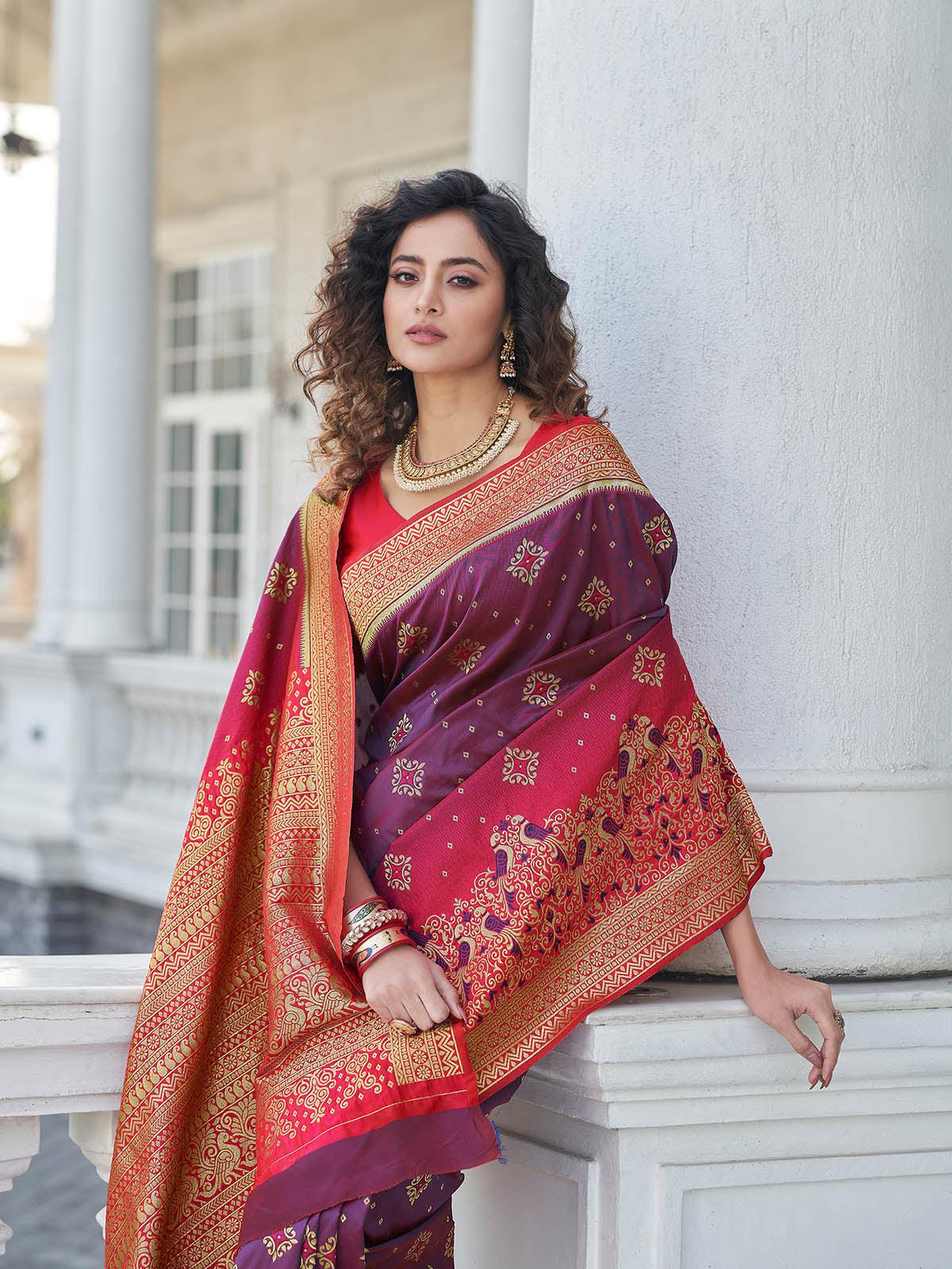 Odette Women Gorgeous Woven Purple Banarasi Silk Saree With Unstitched Blouse - Image 3