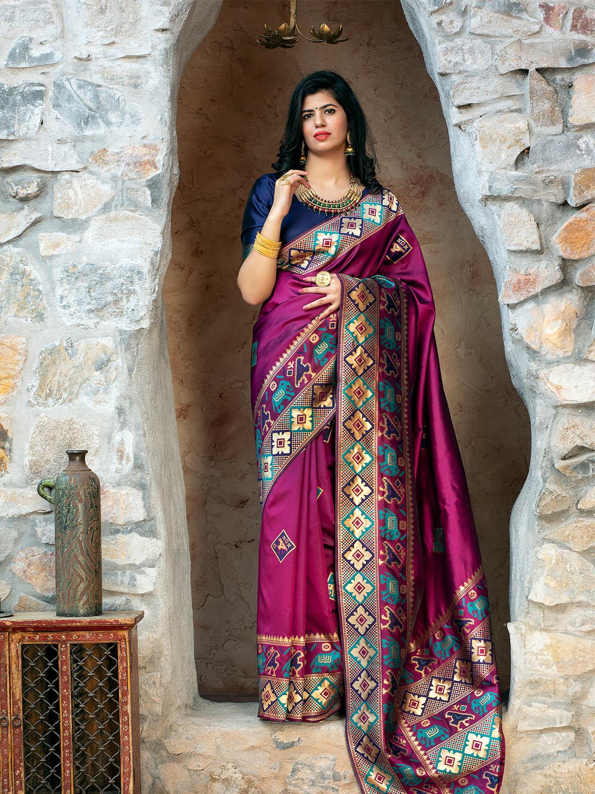 Odette Women Gorgeous Woven Purple Patola Silk Saree With Unstitched Blouse - Image 5