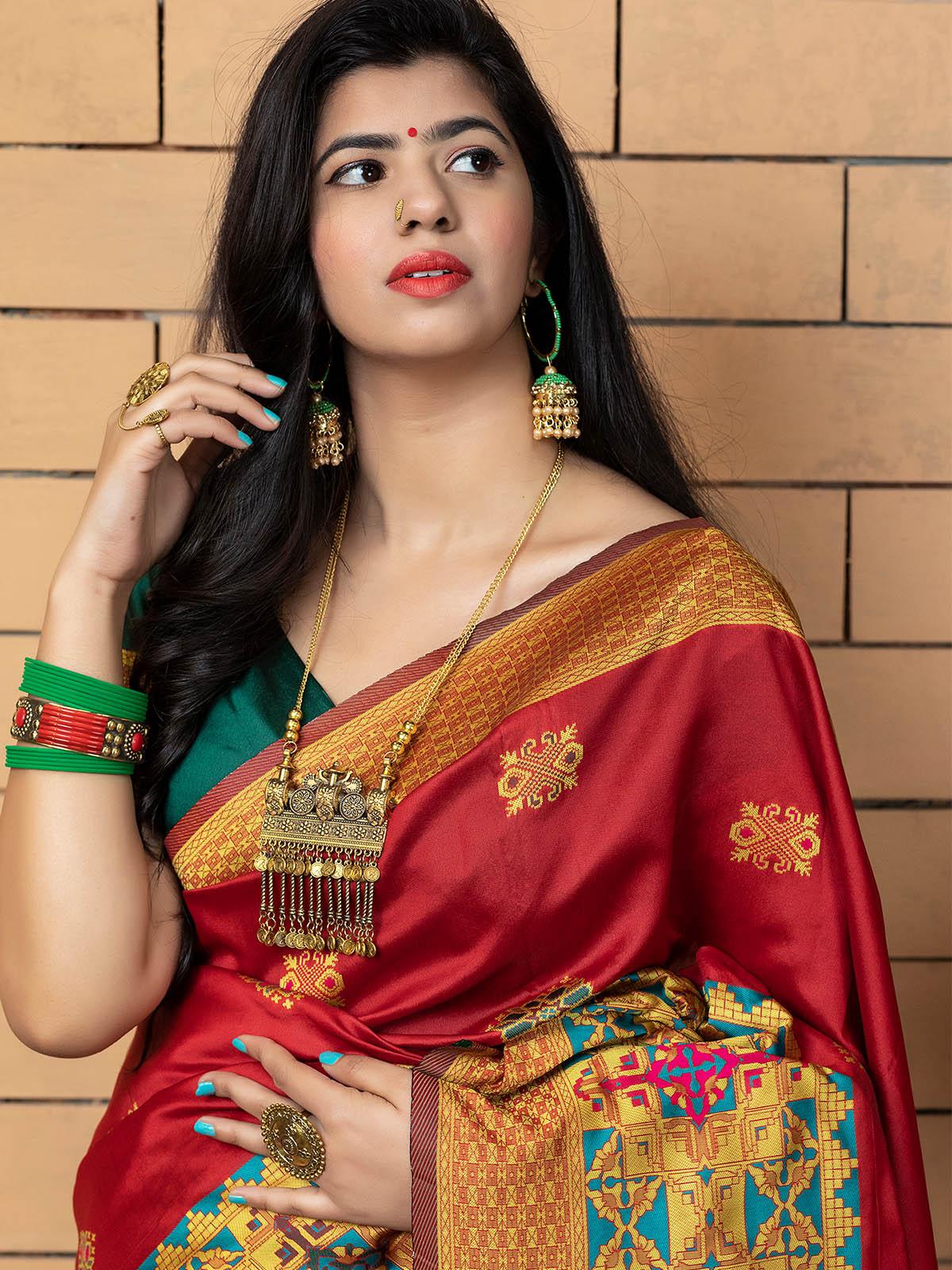 Odette Women Gorgeous Woven Red Banarasi Silk Saree With Unstitched Blouse - Image 3