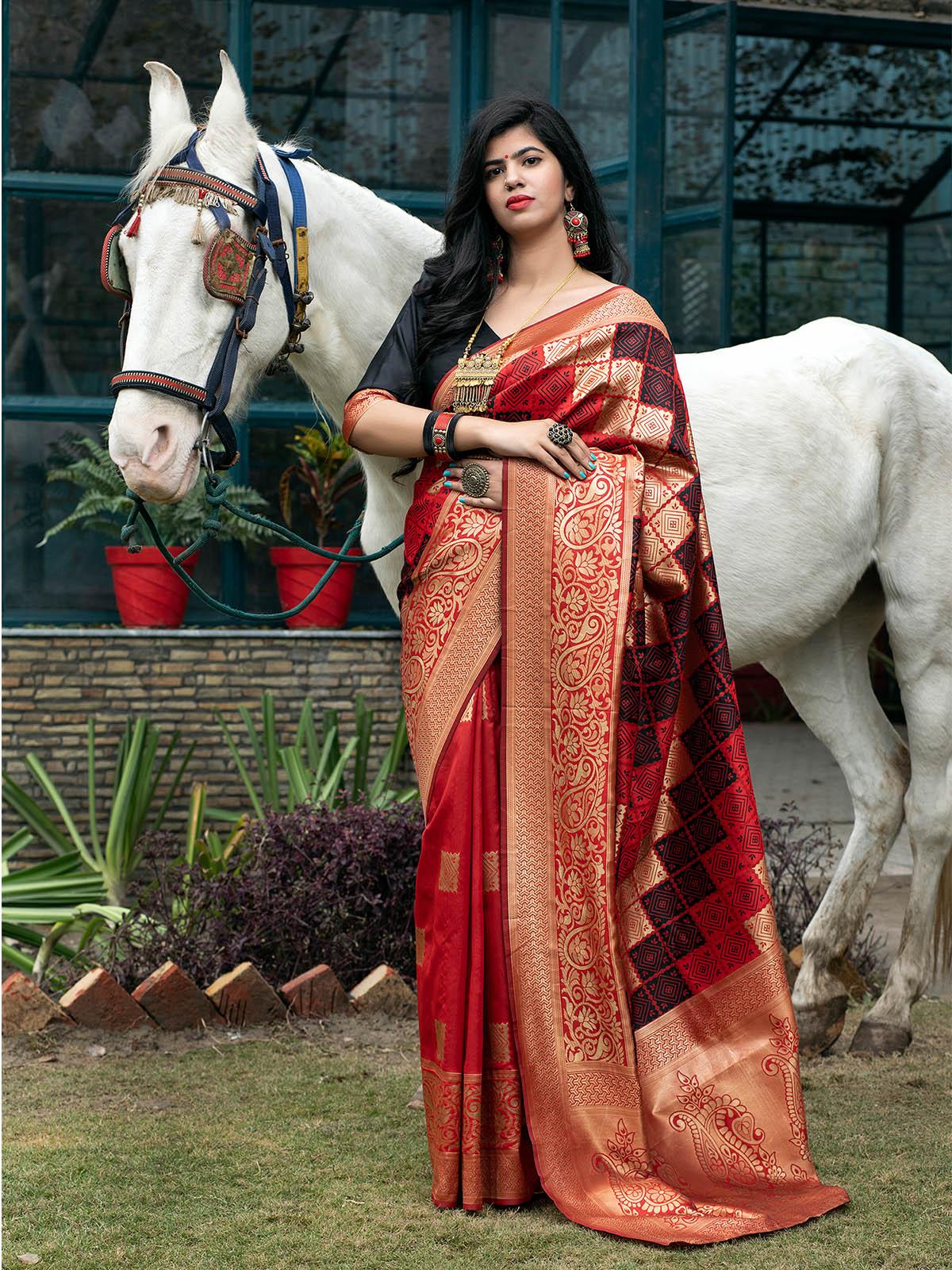 Odette Women Gorgeous Woven Red Banarasi Silk Saree With Unstitched Blouse - Image 3