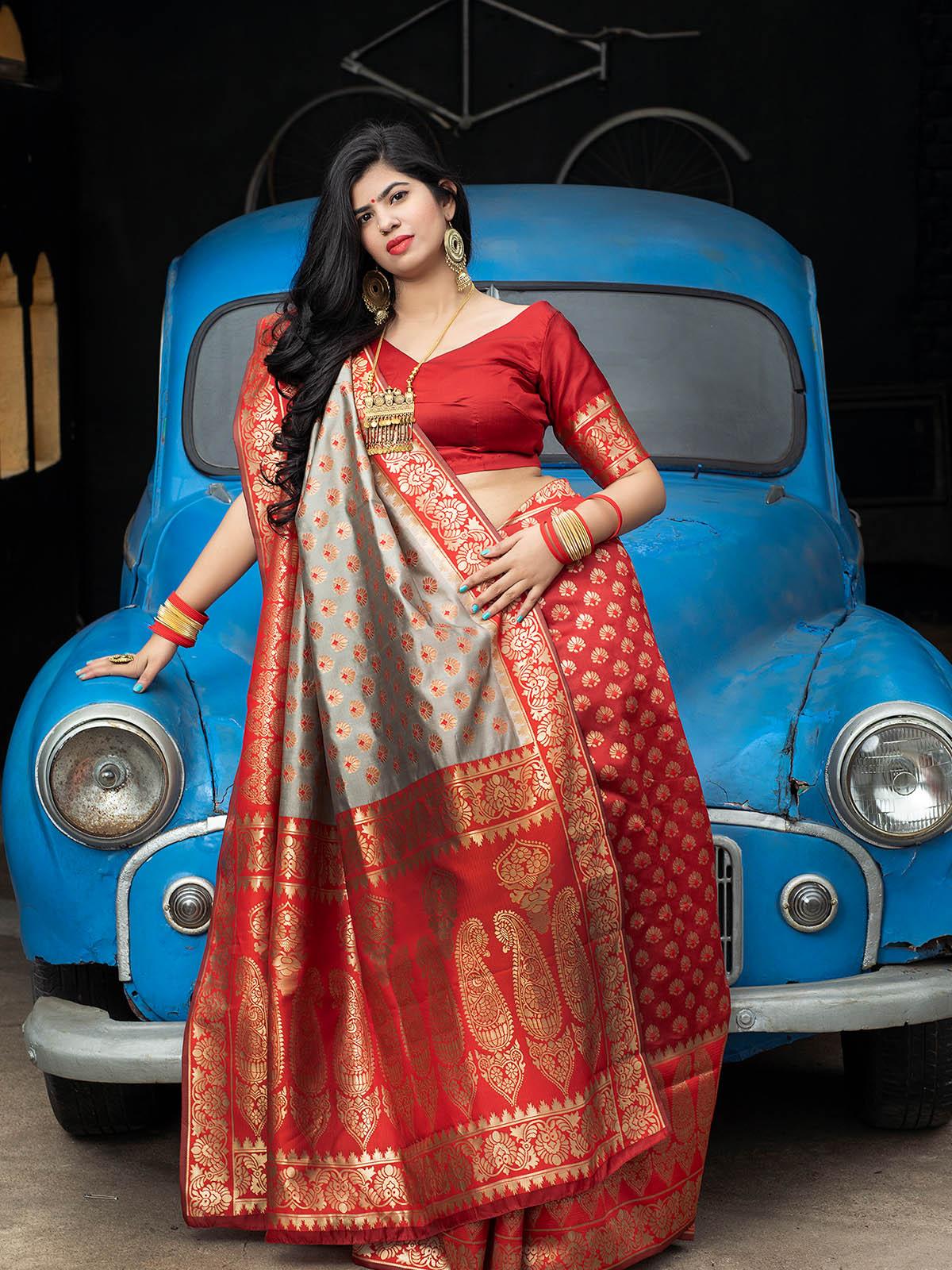 Odette Women Gorgeous Woven Grey And Red Banarasi Silk Saree With Unstitched Blouse - Image 4