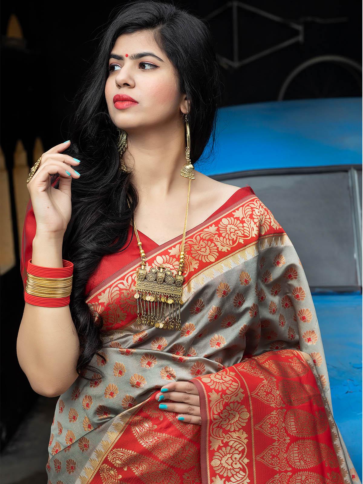Odette Women Gorgeous Woven Grey And Red Banarasi Silk Saree With Unstitched Blouse - Image 5