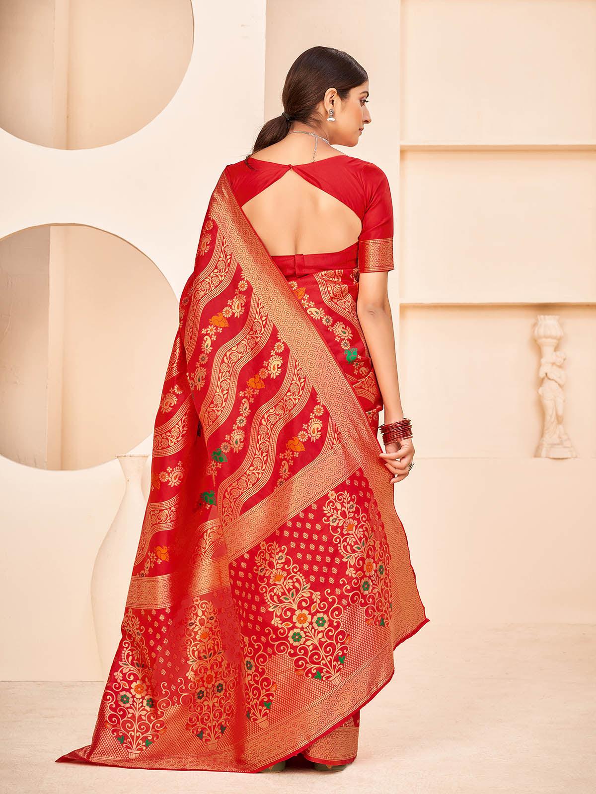 Odette Women Gorgeous Woven Red Banarasi Silk Saree With Unstitched Blouse - Image 2