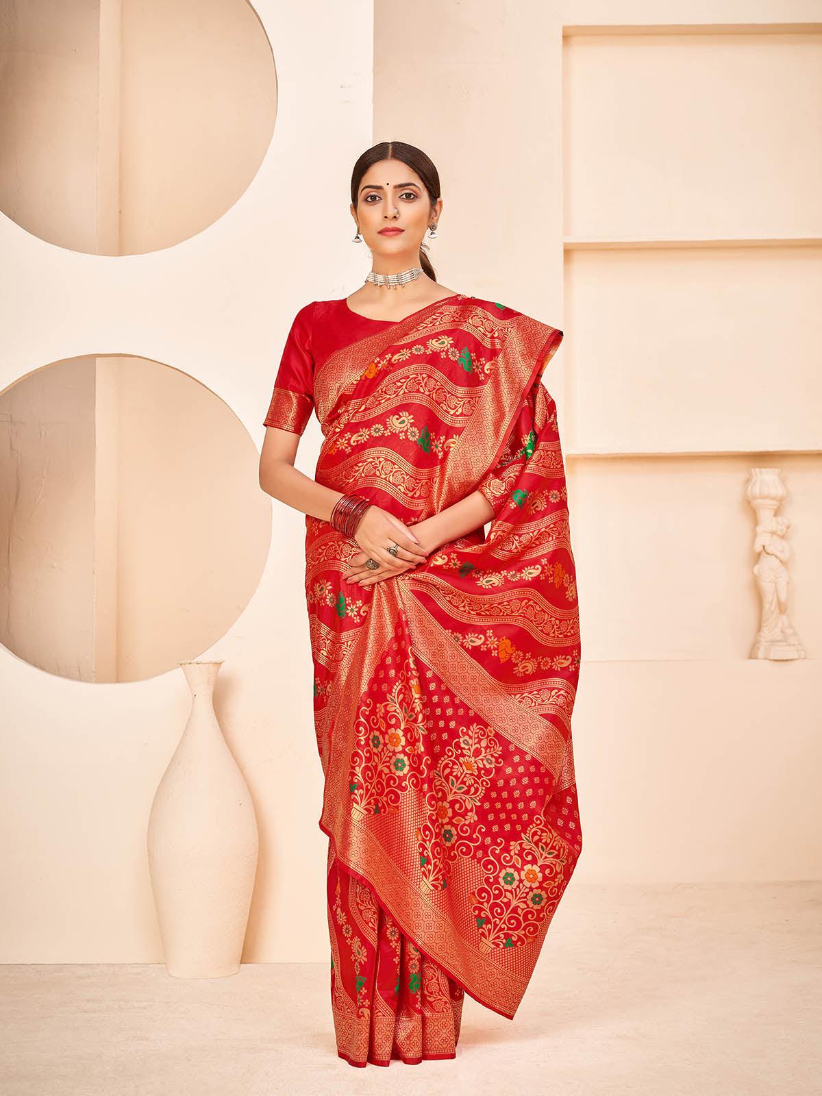 Odette Women Gorgeous Woven Red Banarasi Silk Saree With Unstitched Blouse - Image 3