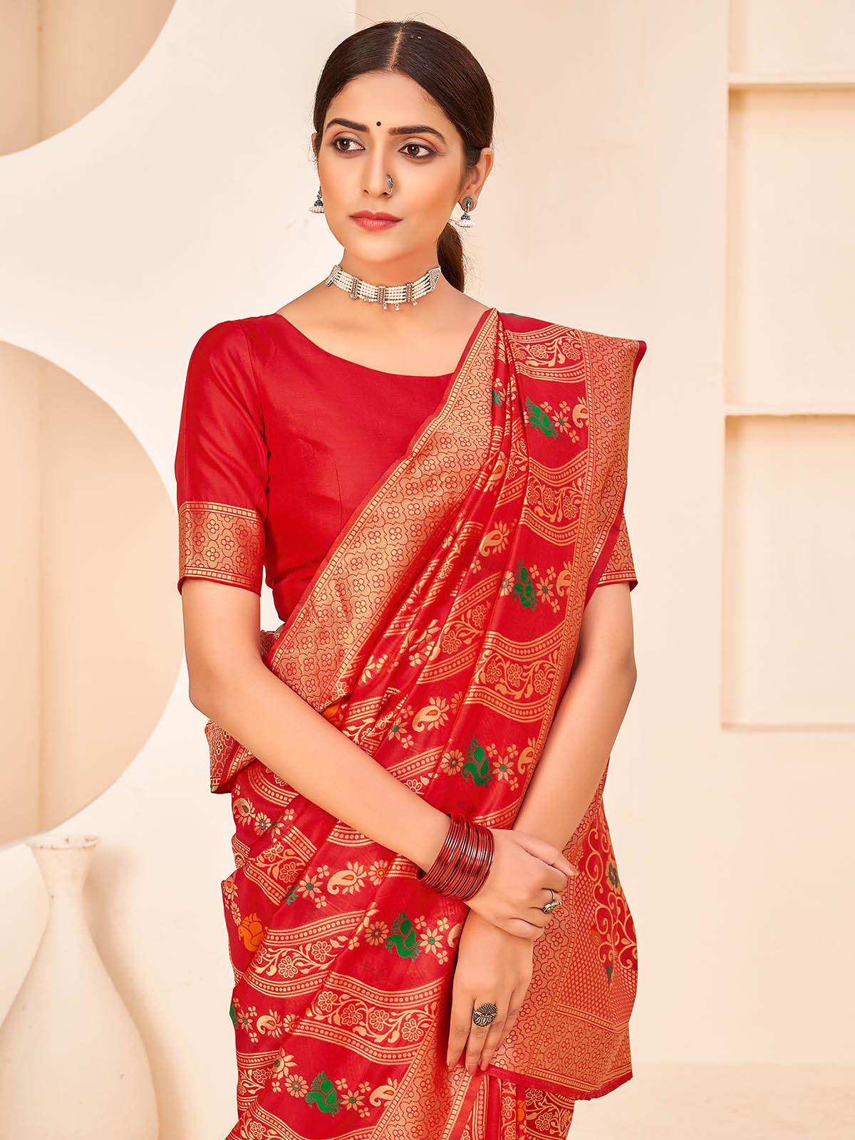 Odette Women Gorgeous Woven Red Banarasi Silk Saree With Unstitched Blouse - Image 4