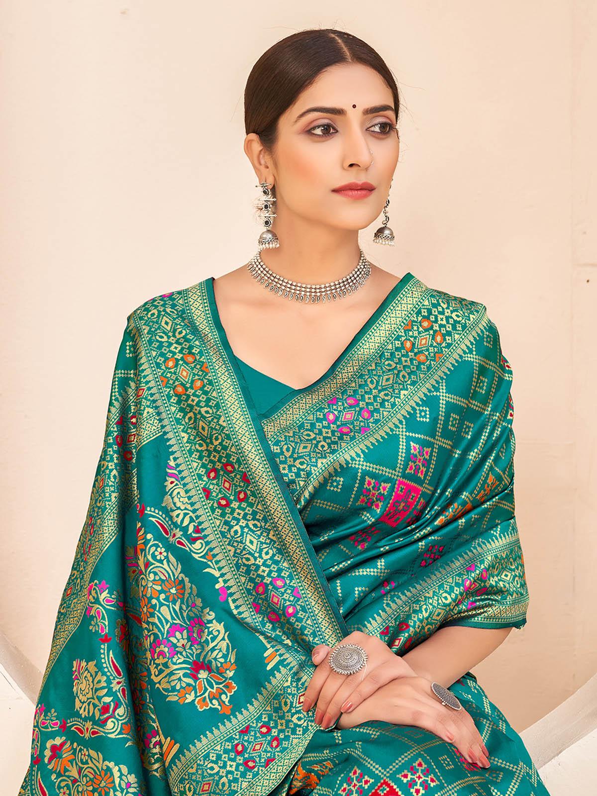 Odette Women Gorgeous Woven Teal Green Banarasi Silk Saree With Unstitched Blouse - Image 4