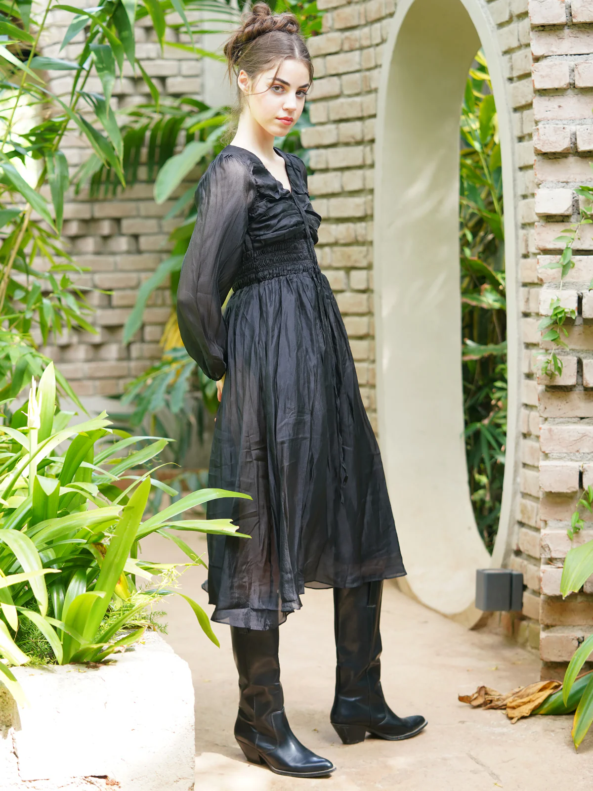 Odette Women Graceful Black Polyester Voil Solid Long Dress - Image 3