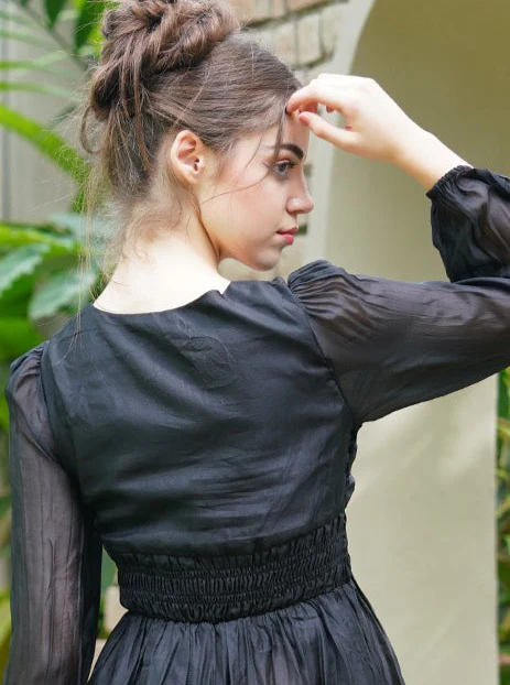 Odette Women Graceful Black Polyester Voil Solid Long Dress - Image 4