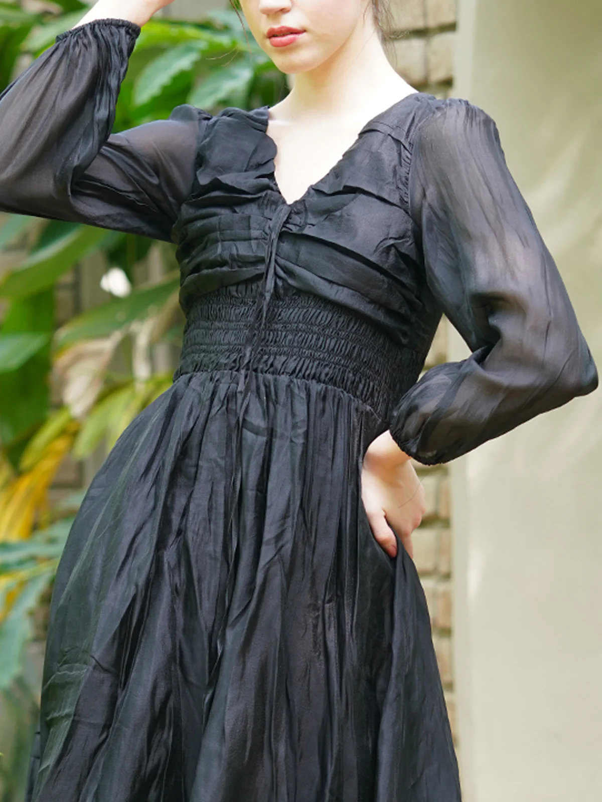 Odette Women Graceful Black Polyester Voil Solid Long Dress - Image 5