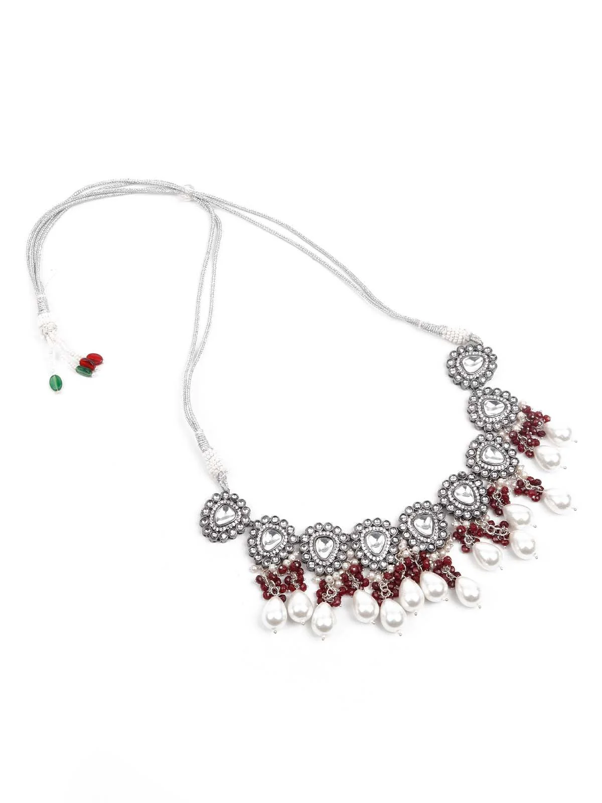 Odette Women Graceful Red And White Palladium Neckpiece Set - Image 4