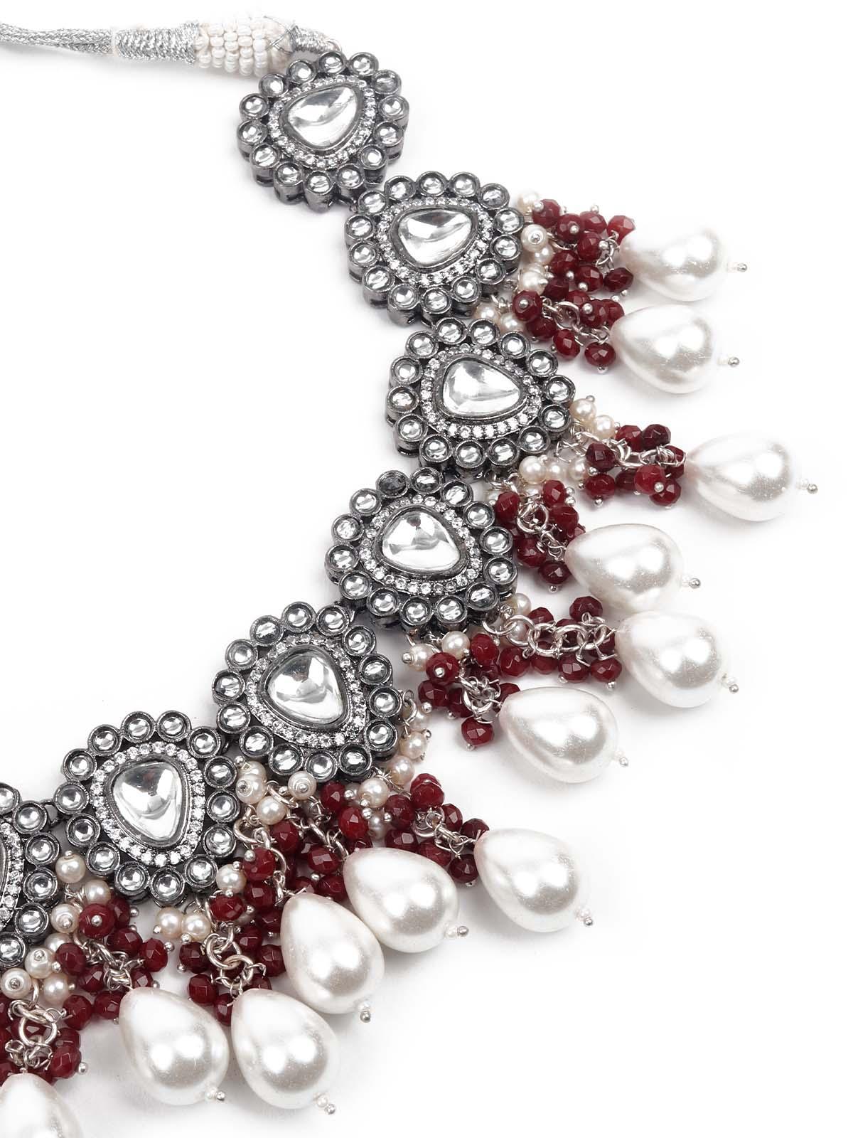 Odette Women Graceful Red And White Palladium Neckpiece Set - Image 5