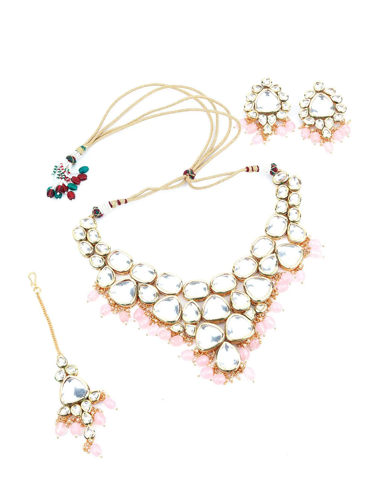 Odette Women Grape Bunch Shape Pink Mani-Kundan Necklace Set - Image 3