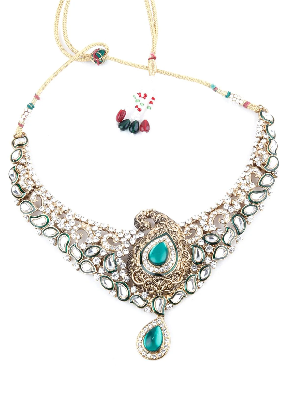 Odette Women Green And White Kundan Paisley Choker Necklace - Image 2