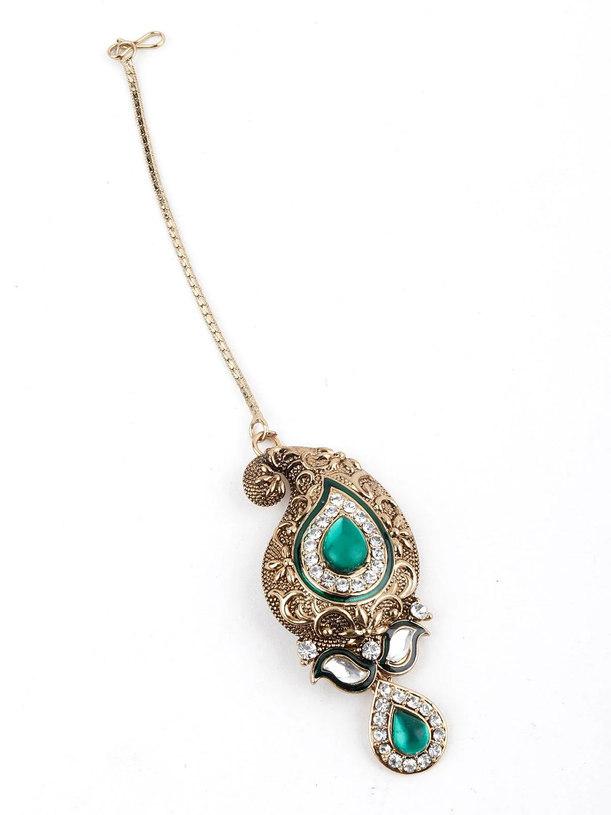 Odette Women Green And White Kundan Paisley Choker Necklace - Image 5