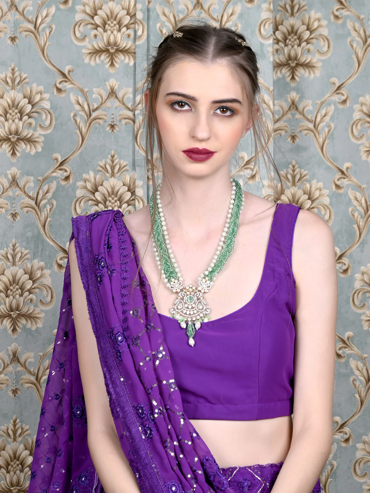 Odette Women Green And White Long Necklace Set - Image 2