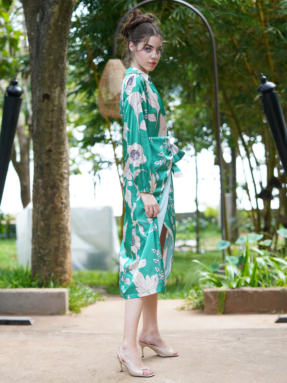 Odette Women Green And White Printed Satin Overlap Dress - Image 3
