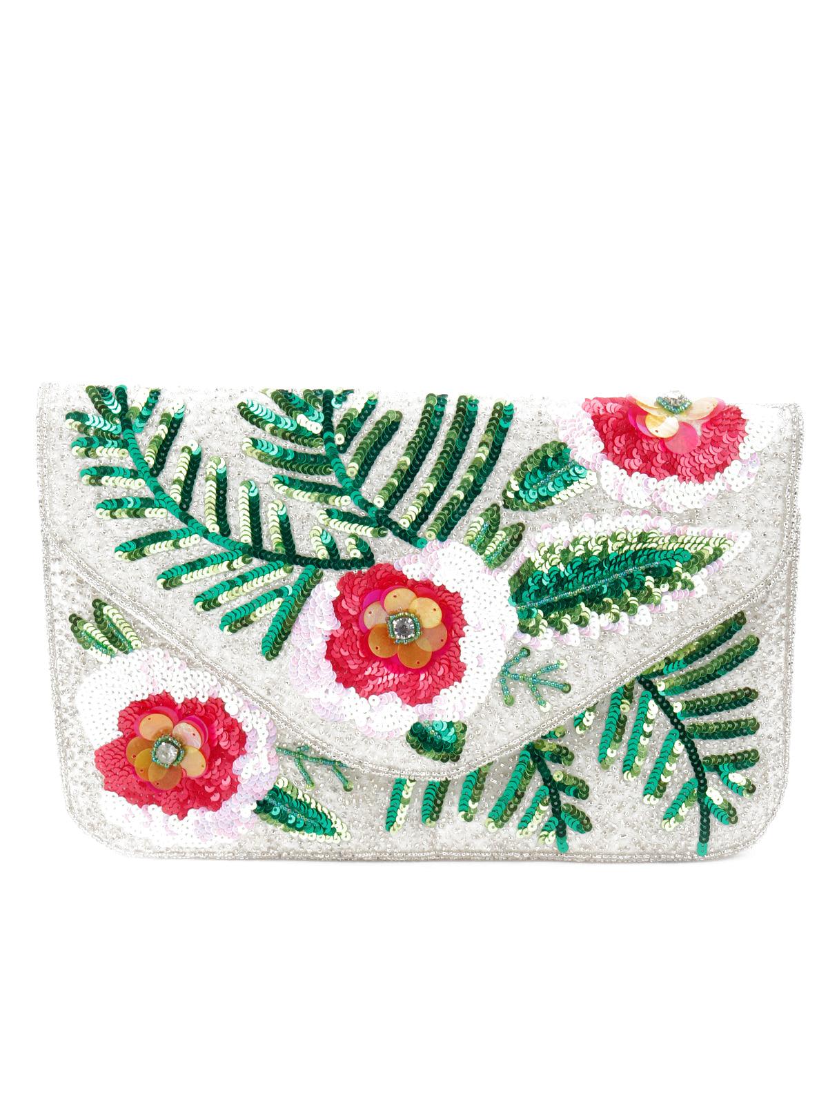 Odette Women Green And White Tickle Flower Designed Envelope Clutch - Image 3