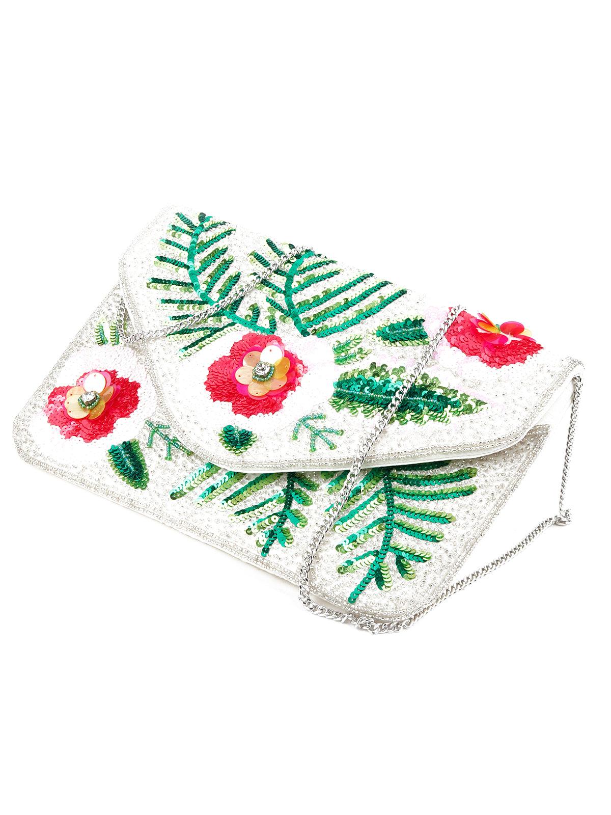 Odette Women Green And White Tickle Flower Designed Envelope Clutch - Image 4