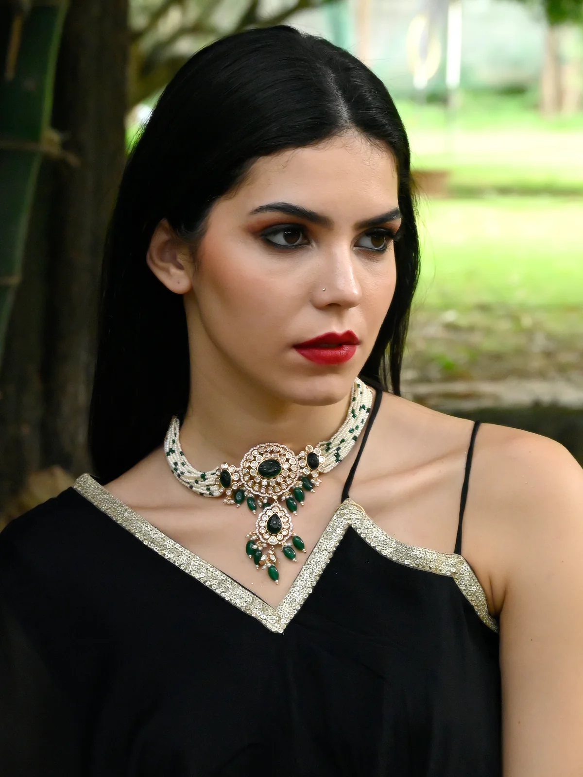 Odette Women Green Beaded Bridal Choker Necklace - Image 2