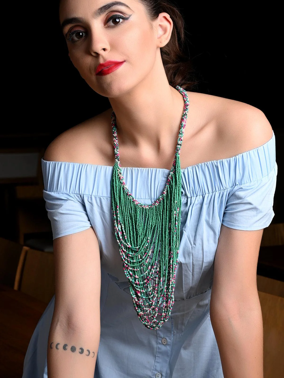 Odette Women Green Beaded Multi-Layered Necklace - Image 2