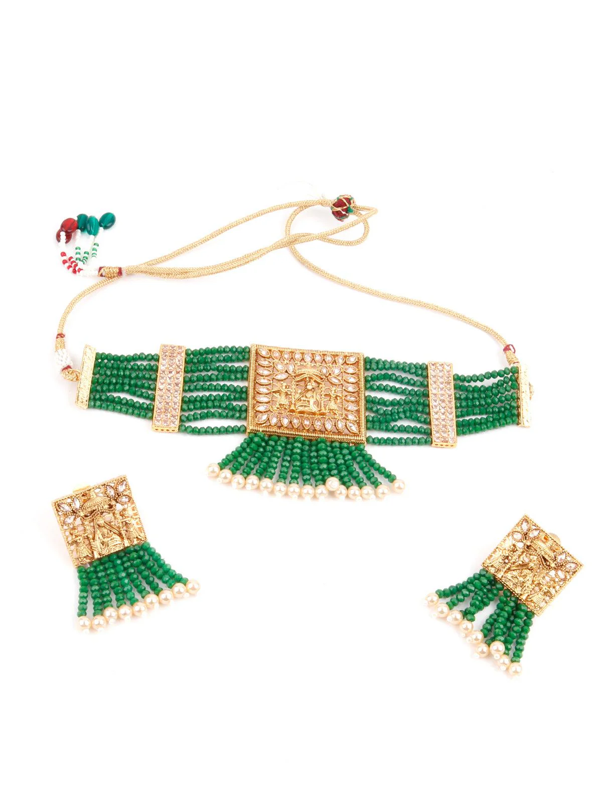 Odette Women Green Beads Kundan Jewellery Set - Image 3