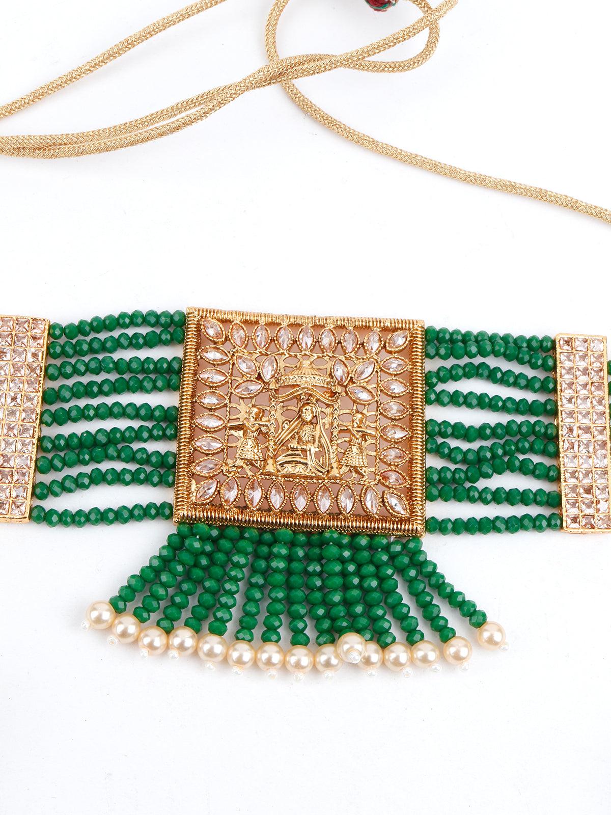 Odette Women Green Beads Kundan Jewellery Set - Image 5