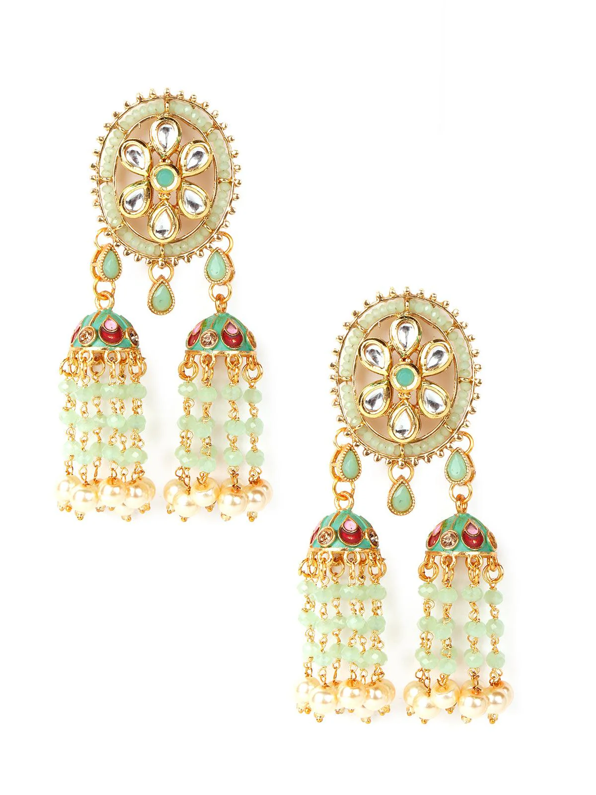 Odette Women Green Chandbali Jhumkis With Kundan And Pearl Earrings - Image 3