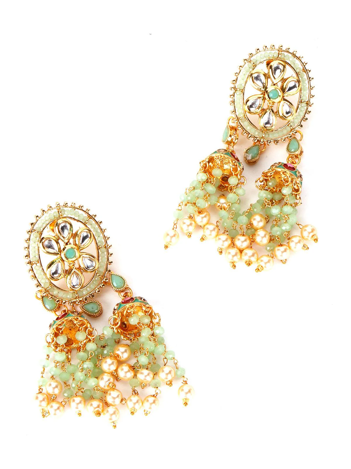 Odette Women Green Chandbali Jhumkis With Kundan And Pearl Earrings - Image 4