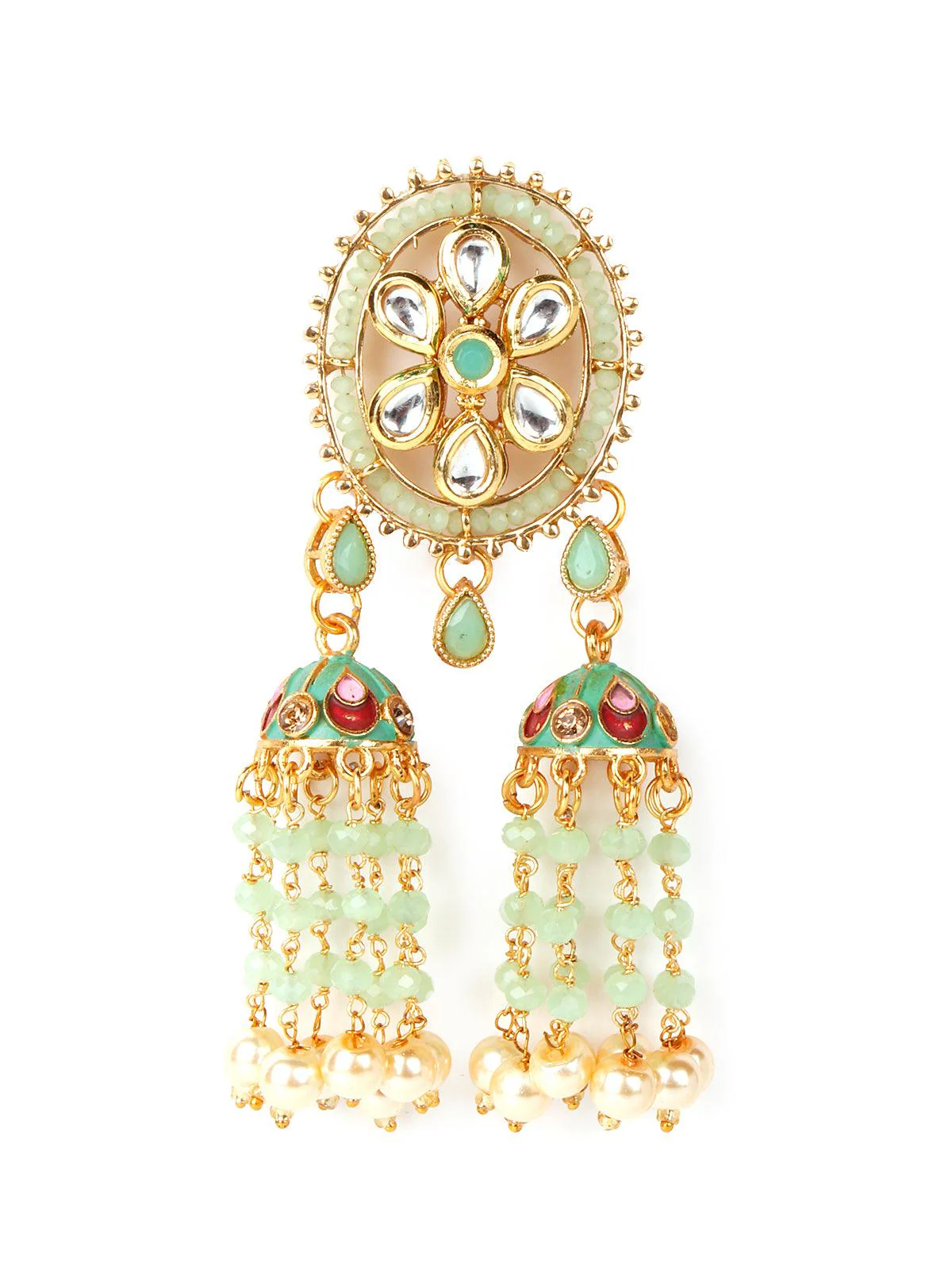 Odette Women Green Chandbali Jhumkis With Kundan And Pearl Earrings - Image 5