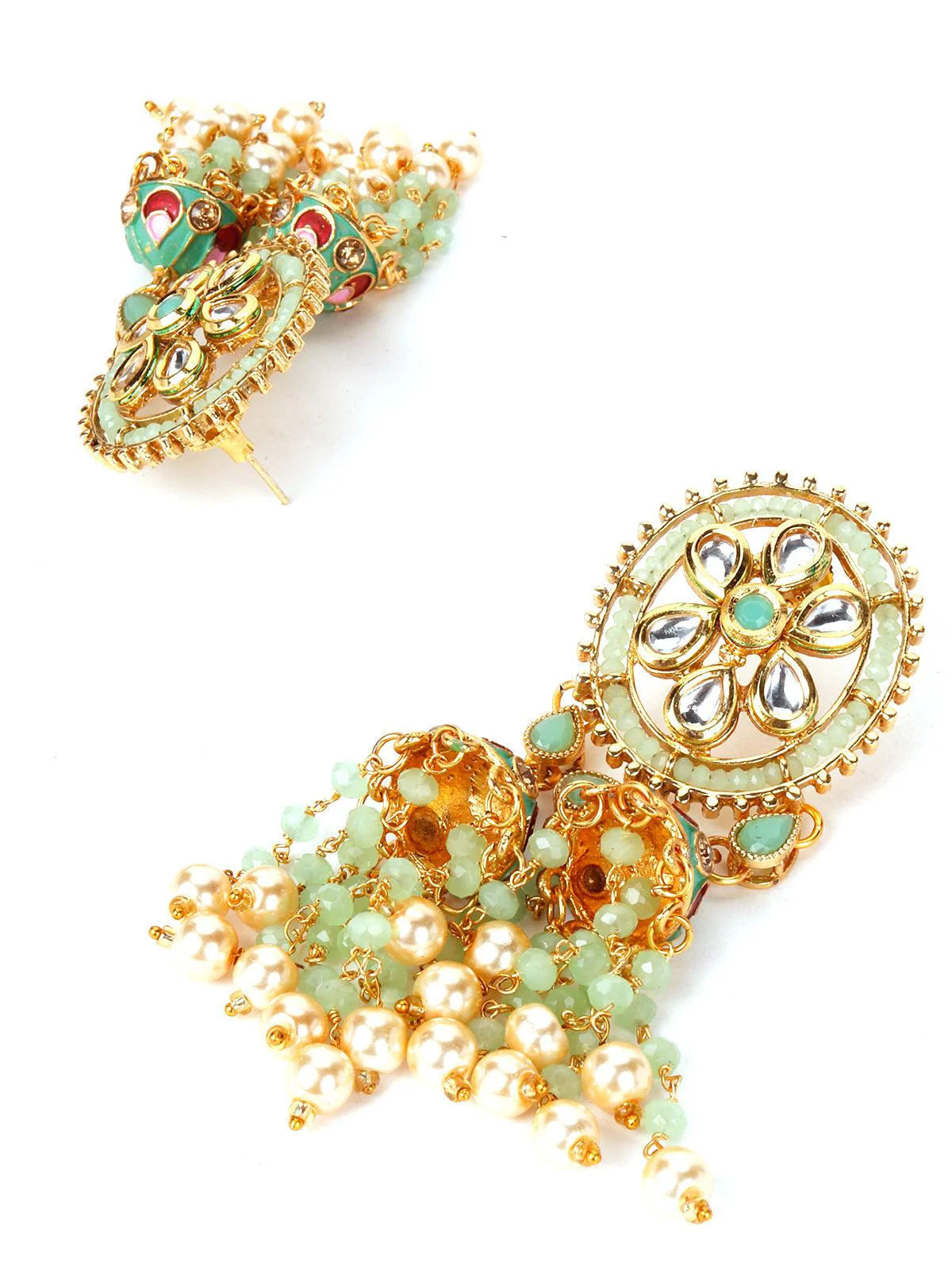 Odette Women Green Chandbali Jhumkis With Kundan And Pearl Earrings - Image 6