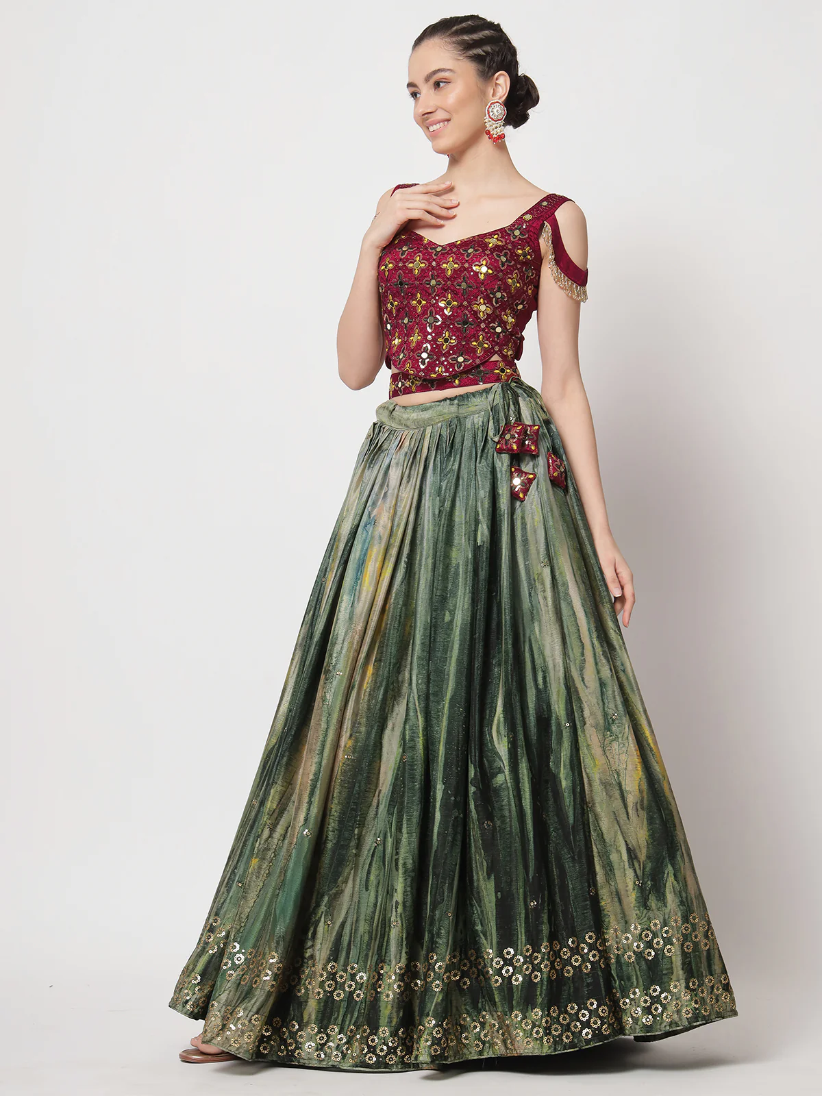 Odette Women Green Chinnon Silk Print With Sequince Embroidered Semi Stitched Lehenga Choli - Image 3