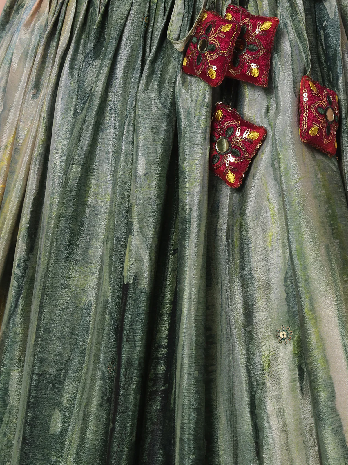Odette Women Green Chinnon Silk Print With Sequince Embroidered Semi Stitched Lehenga Choli - Image 4