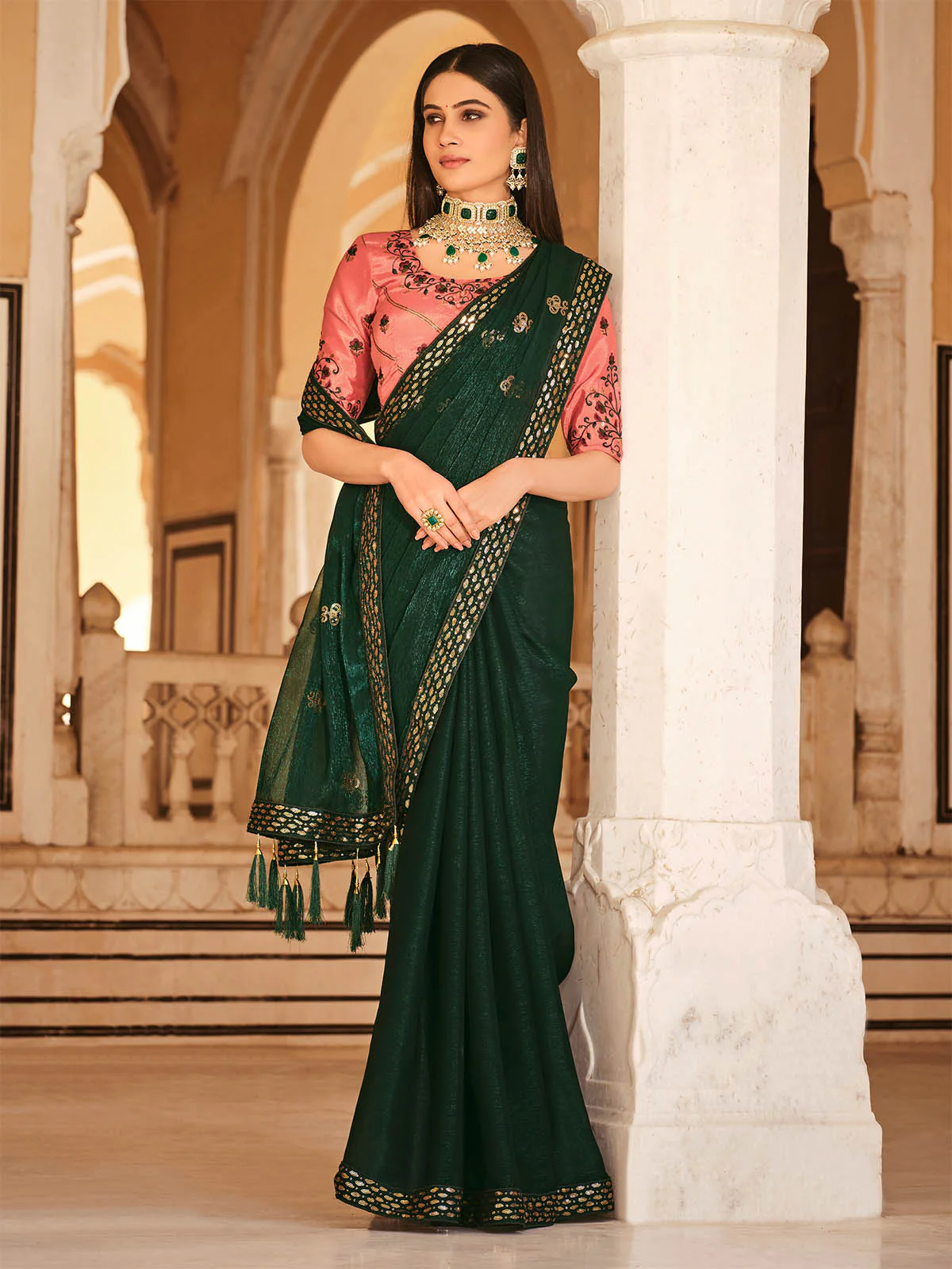 Odette Women Green Designer Chinon Saree With Unstitched Blouse - Image 2