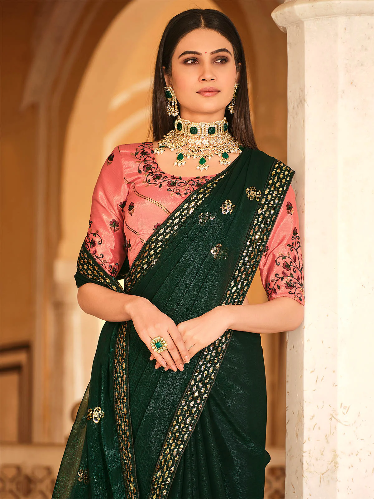 Odette Women Green Designer Chinon Saree With Unstitched Blouse - Image 3