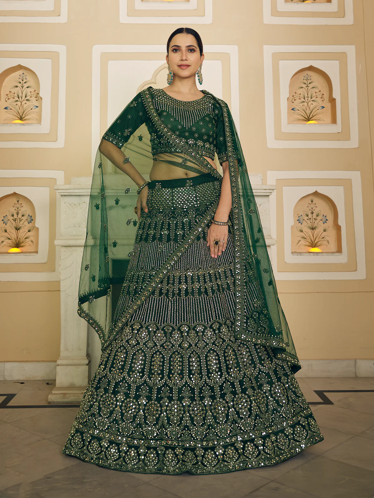 Odette Women Green Embroidered Soft Net Semi Stitched Lehenga With Unstitched Blouse - Image 2