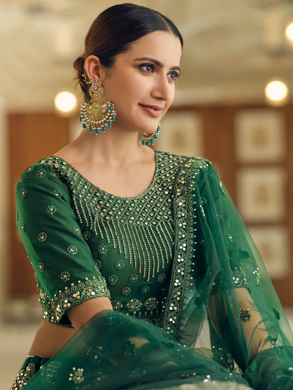 Odette Women Green Embroidered Soft Net Semi Stitched Lehenga With Unstitched Blouse - Image 3