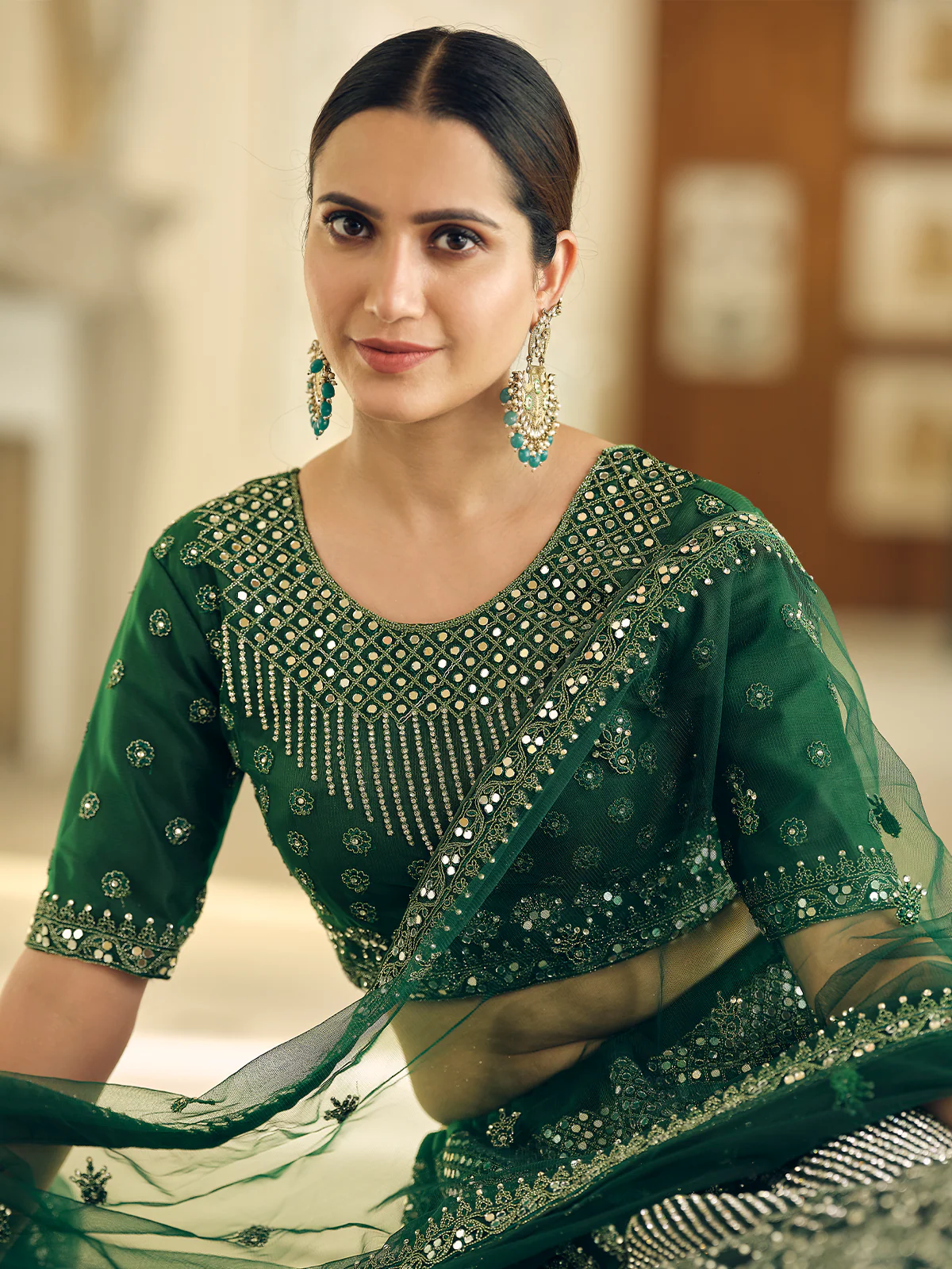 Odette Women Green Embroidered Soft Net Semi Stitched Lehenga With Unstitched Blouse - Image 4